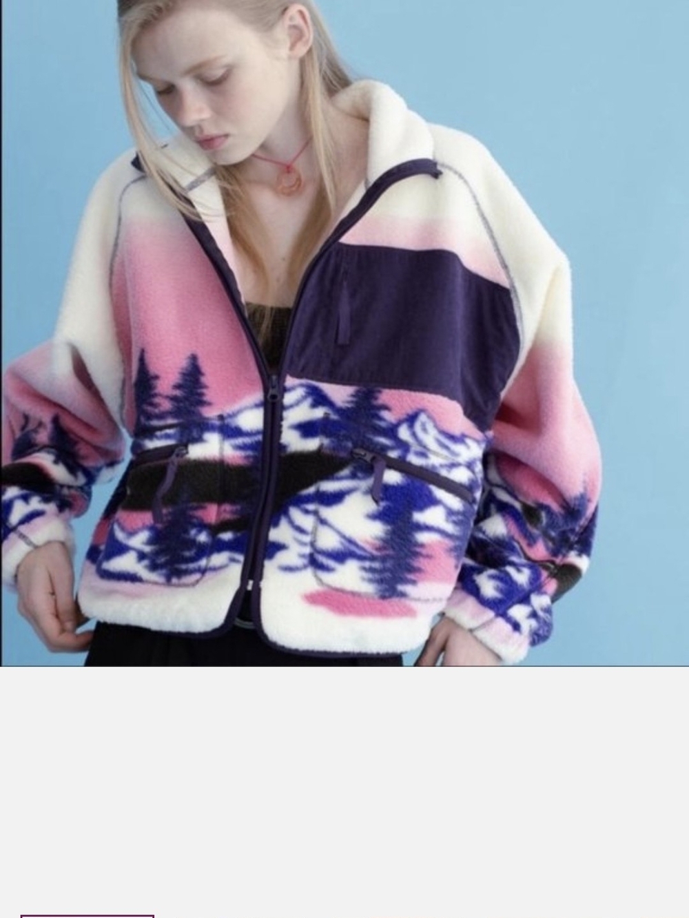 Urban Outfitters Pink, Purple & Cream Teddy Fleece Jacket with Scenic Print